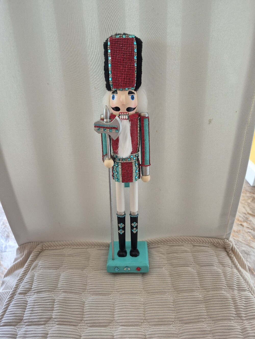Teal and Red Beaded Nutcracker Holiday Figurine